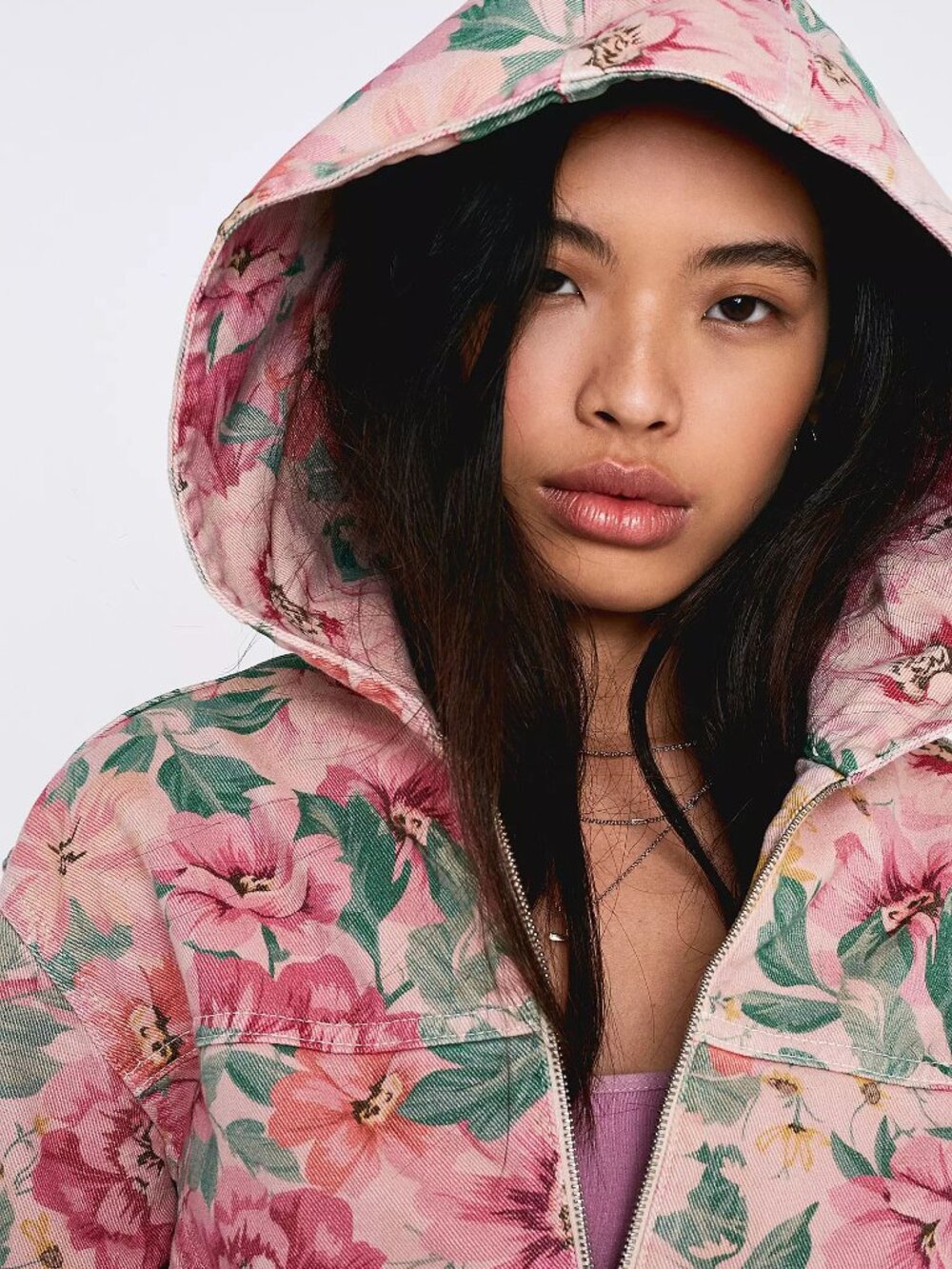 BDG Urban Outfitters Floral Denim Hooded Bomber Jacket Pink Small NWOT